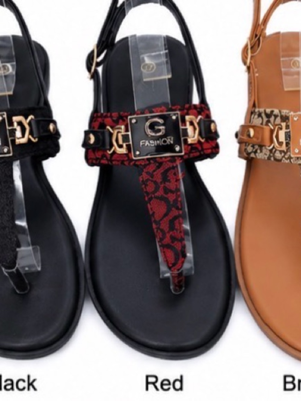 Red Patterned Women's Thong Sandals with Gold Accent